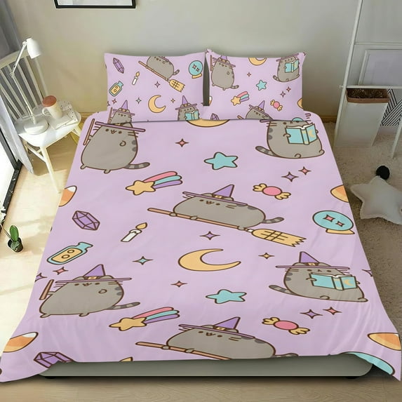 Pusheen Cat Themed Bed Sheet Set Three Piece Set 53x79 Inches Comfortable And Skin Friendly Unique Design Creating A Star Studded Night