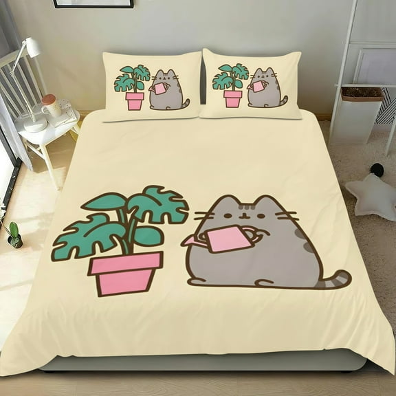 Pusheen Cat Themed Bed Sheet Set Three Piece Set 53x79 Inches Comfortable And Skin Friendly Unique Design Creating A Star Studded Night