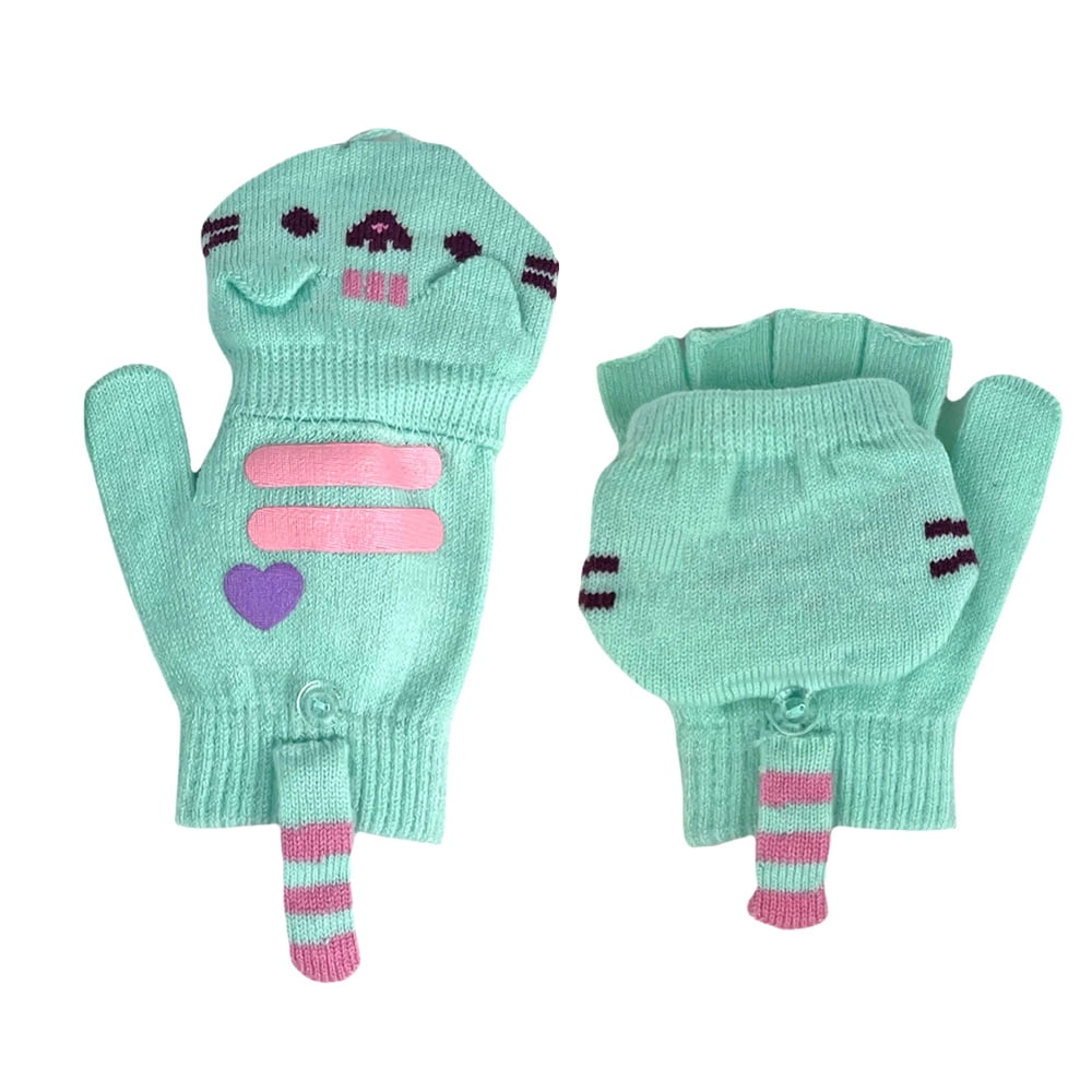 CULTUREFLY Pusheen Girls Gloves Fingerless Gloves with Mitten 5 Years and up Mint Green