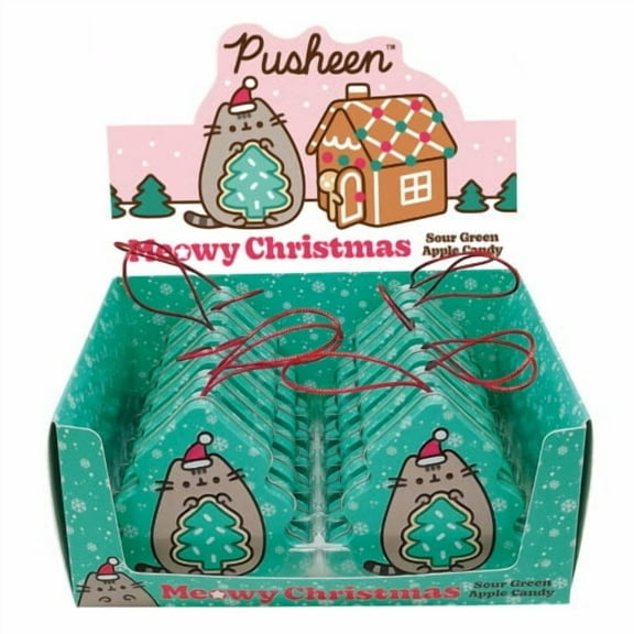 Pusheen Meowy Christmas Tin, 1.4 Ounces of Sour Green Apple Tree-Shaped Candies - 12 Count Display Box
