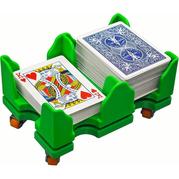 Pushtek 4-Deck Playing Card Holder Tray with Wheels, Rolling Multi-Deck Card Organizer for Canasta, Poker & Family Card Games, Green, Small