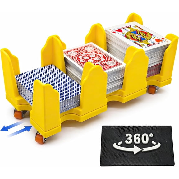Pushtek 9-Deck Rotating Playing Card Holder with 360° Rolling Wheels, Magnetic Card & Dice Caddy for Canasta, Hand and Foot, Poker & Game Night, Yellow