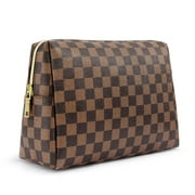 Pushtek Checkered Travel Makeup Bag, Portable and Waterproof Brown Toiletry Travel Bag for Women, Large Retro Cosmetic Pouch Cute Gift