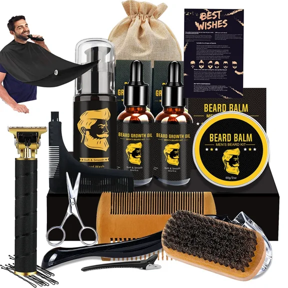 Pushtek Men's beard grooming set, beard care set, growth solution, shampoo, electric clipper, double-sided comb, beard brush shampoo, styling board roller, apron, Valentine's Day, Father's Day gift