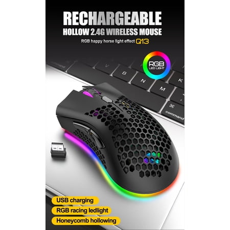 Pushtek Wireless Gaming Mouse, Computer Mouse with Honeycomb Shell, 6 Programmed Buttons, 3 Adjustable DPI, USB Receiver, Ergonomic RGB Optical Gamer Mice Mouse for Laptop PC Mac