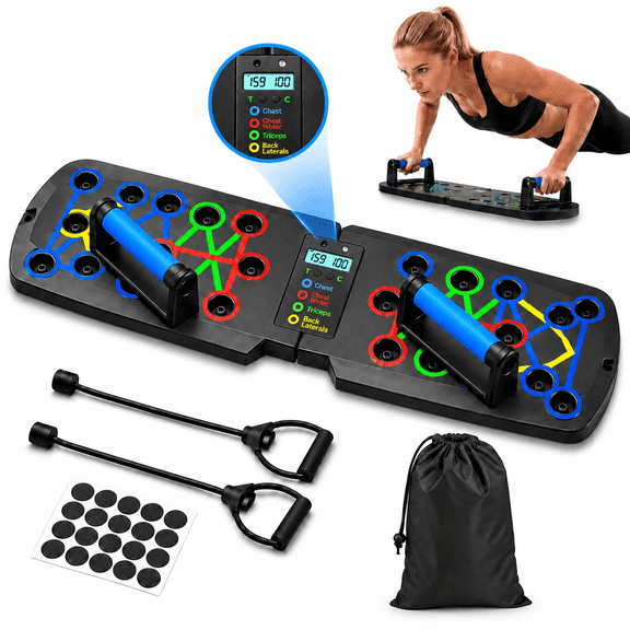 KOYMISKU Push Up Board with Resistance Bands, Foldable Pushup Board with LCD Counter, 26 Positions & Push Up Handles for Home Workout
