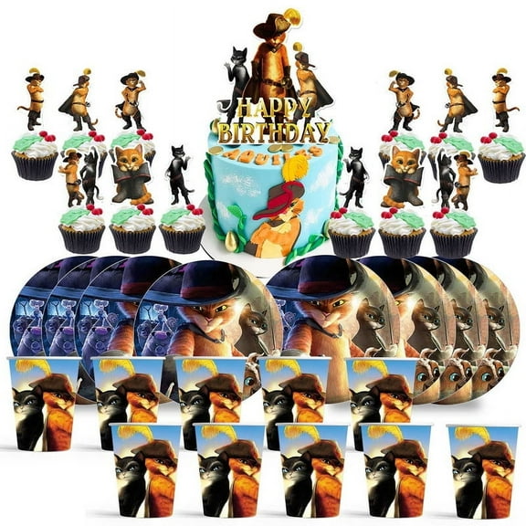 Puss in Boots Birthday Cups Party Supplies Plates Fans Decorations Cake Topper Decor