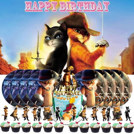 Puss in Boots Party Supplies Birthday Decorations Plates Banner Kids Cake Toppers Set Decor