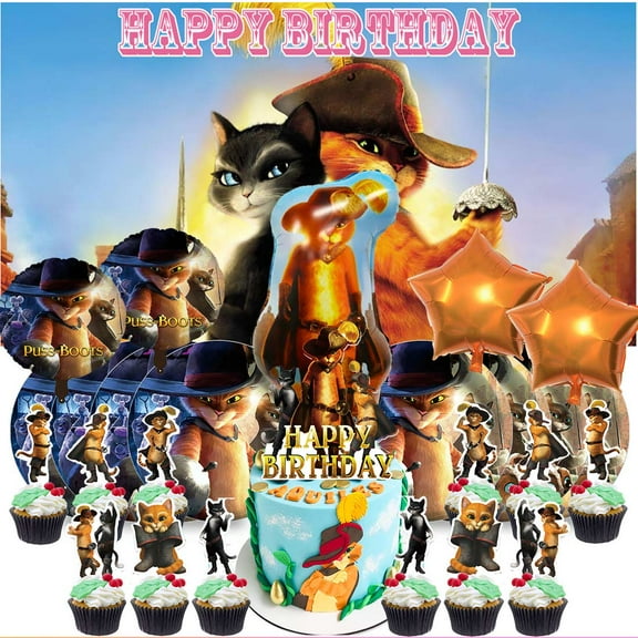 Puss in Boots Party Supplies Decor Tableware Backdrop Banner Cake Topper Balloons Birthday Decorations