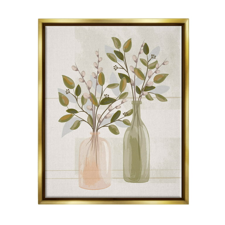 Pussy Willow Ikebana Vases Botanical & Floral Graphic Art Metallic Gold  Framed Art Print Wall Art 