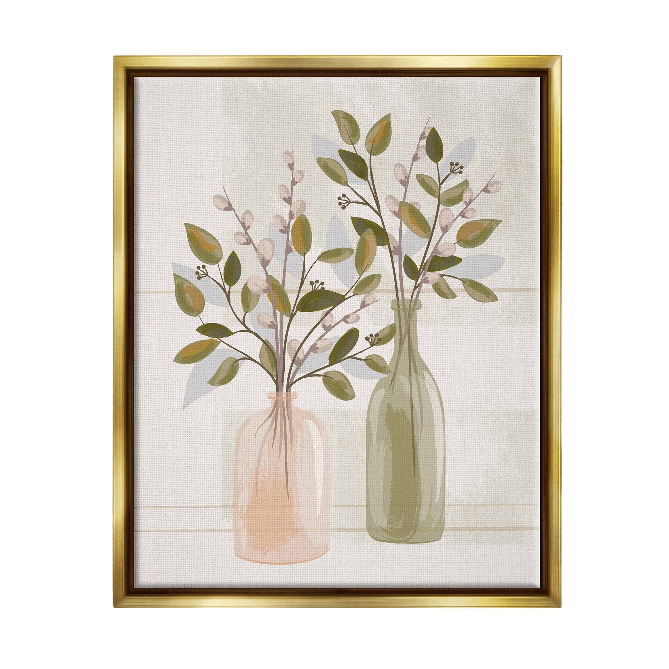 Pussy Willow Ikebana Vases Botanical & Floral Graphic Art Metallic Gold Framed Art Print Wall Art