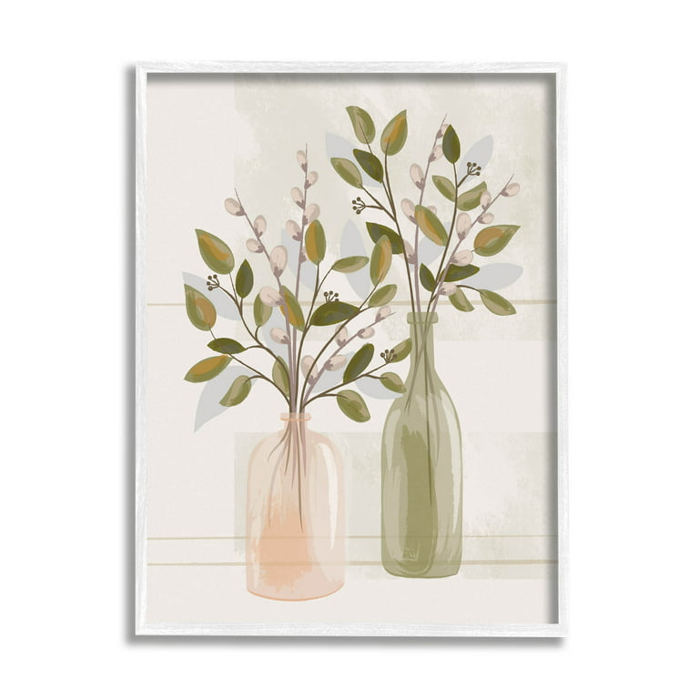 Pussy Willow Ikebana Vases Botanical & Floral Graphic Art White Framed Art  Print Wall Art