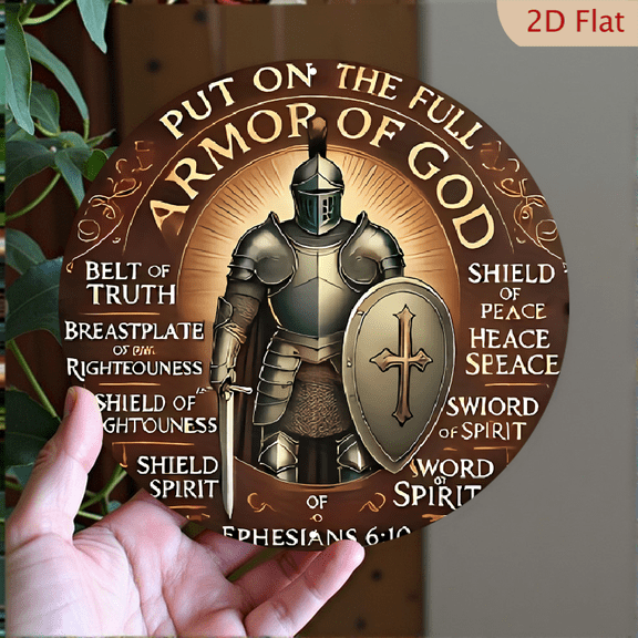 "Put On The Full Armor of God" Christian Wall Sign Decor, 8" Round Aluminum Metal Signs, Wall Decor For Church, Door, Office, Bedroom Decor, Best Gifts For Room, Home, Bathroom Decor, Weird Decor