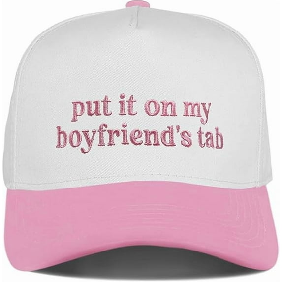 Put It On My Boyfriend’s Tab Hat, Funny Embroidered Trucker Cap for Women, Adjustable Snapback Party Hat, Cute Girlfriend Gift Idea