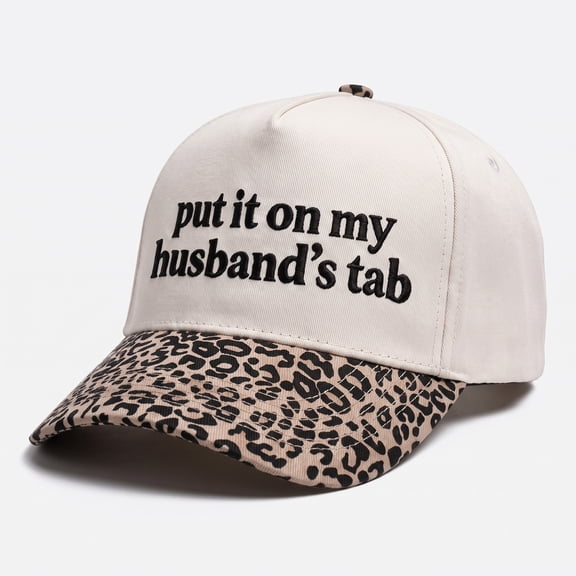 Put It On My Husband's Tab Leopard Embroidered Baseball Cap, Funny Sarcastic Trucker Hat, Gag Gift for Women Wife