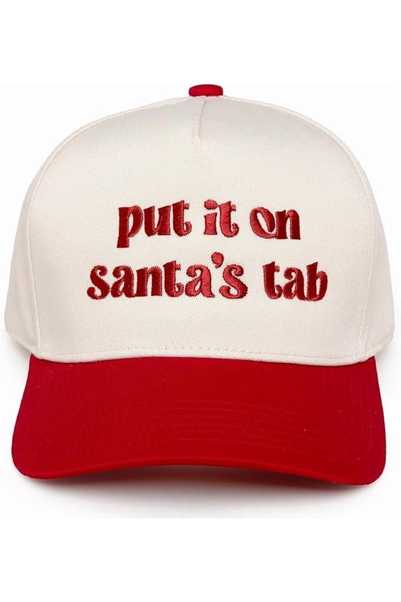 Trucker Hat – Vintage Two-Tone Snapback Baseball Cap with Embroidered Design - Put It on Santa's Tab - Beige/Red