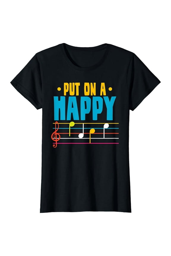 Put On A Happy Face Music Notes Piano Lessons Short Sleeve Black T-Shirt