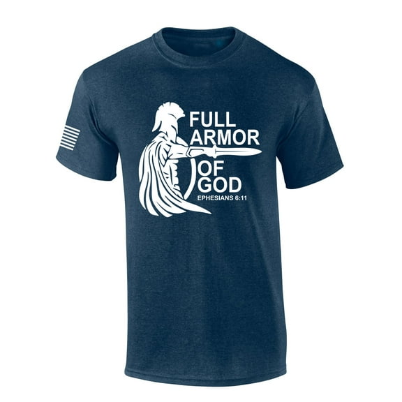 Put On The Full Armor Of God Ephesians 6:11 Bible Scripture Mens Christian Tshirt Jesus Short Sleeve T-shirt Graphic Tee-Heather Navy-small