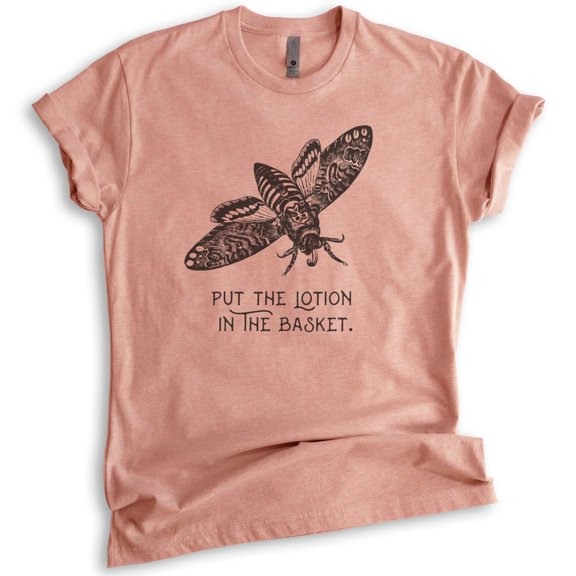 Put The Lotion In The Basket Shirt, Unisex Women's Men's Shirt, Funny Halloween Horror Movie Graphic Tee, Heather Sunset, Medium