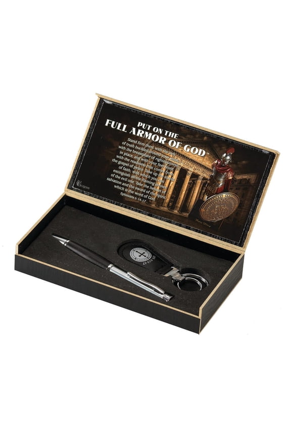 Put on Full Armor Black 7.5 x 5 Metal/Wood/Vinyl Pen and Key Chain Boxed Giftable Set