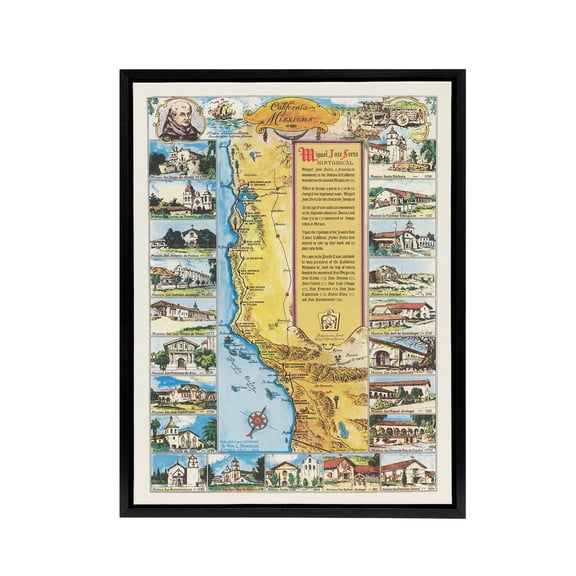 Putnam 1949 California Missions Map Black Framed Canvas Wall Art Print 24X32"