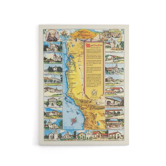 Putnam 1949 California Missions Map Canvas Wall Art Print 18X24"