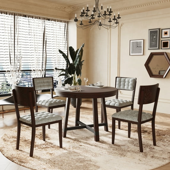 Putouzip 42inch Round Dining Table Set, Rustic Stylish Kitchen Dining Table with Cross Legs and 4 Upholstered Chairs for Apartment, Espresso