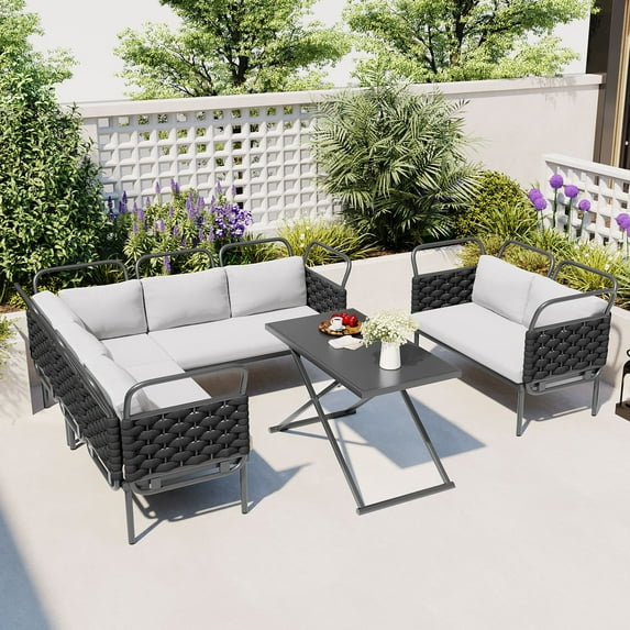Putouzip 5-Piece Woven Rope Outdoor Sectional Set, Modern Patio Conversation Sofa Set Outdoor Seating Group with Glass Table and Cushions for 7 - Person, Black+Gray