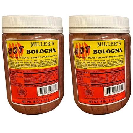 Putt Pantry Spicey Combo, 2 Pack of Millers Hot Bologna, Zesty Pickled Bologna in a Hot Pepper Vinegar Brine Amish-Style Snack, Ready to Eat, 16 oz Each, 32 oz Total