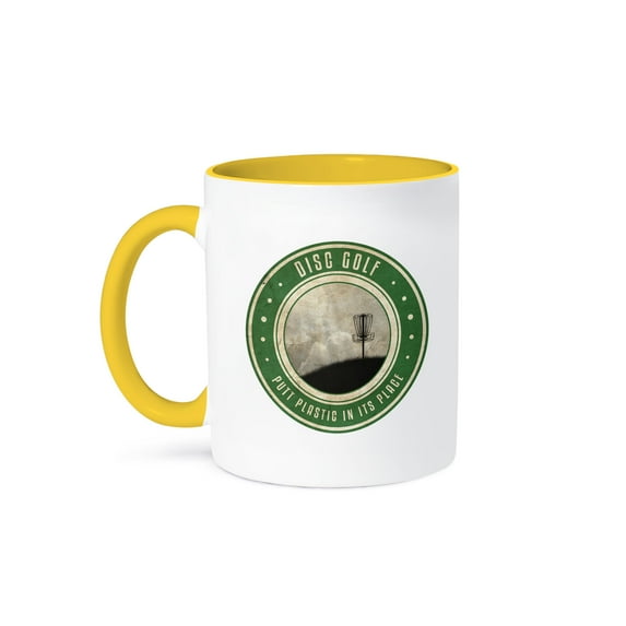 3dRose, Putt Plastic In Its Place #12 - silhouette of frisbee disc golf basket on a hillside, 11oz Two-Tone Yellow Mug