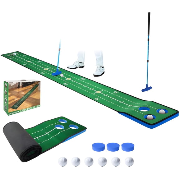 Putting Game, Indoor Green Putting Game Set, Detachable Golf Putting Mat - Includes 1 Putter, 6 Golf Balls, 3 Golf Cups, 1 Bag for Home Office Backyard with Family/Friends