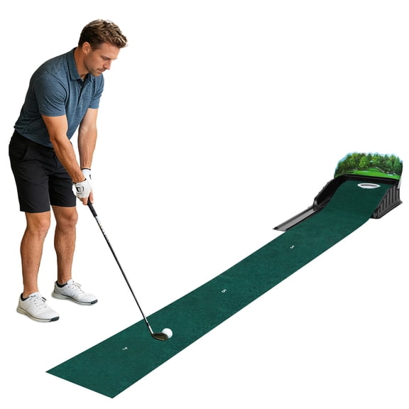 Putting Green Indoor with Auto Ball Return System, 102 in Golf Putting Mat with Distance Markers, Synthetic Fiber Surface, Portable Golf Trainer for Home, Office