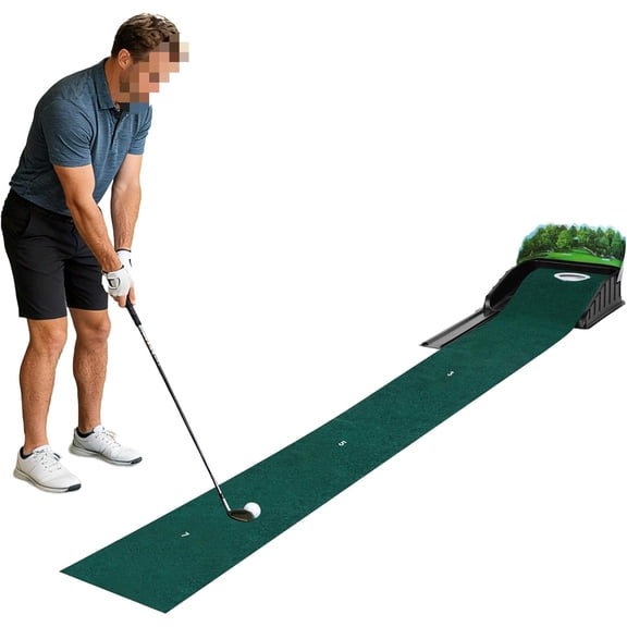 Putting Green Indoor with Auto Ball Return System, 8.5ft Golf Putting Mat with Distance Markers, Synthetic Fiber Surface, Portable Golf Trainer for Home, Office
