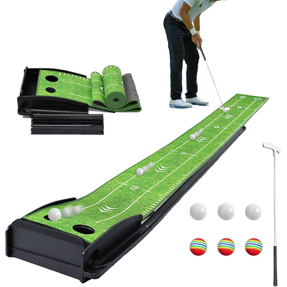 Putting Green Indoor Golf Set with Putter & 6 Balls, Portable Golf Putting Practice Mat with Auto Ball Return System Suitable for Office, Backyard, Patio, Golf Gift for Men