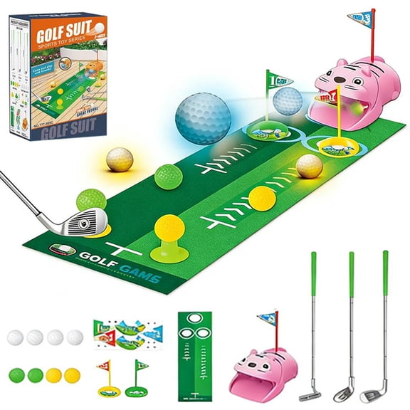 Putting Mat with Automatic Ball Return, Indoor & Outdoor Practice Set for Adults & Kids, Includes Putters, Mat, Balls, Animal Design Home Office Training Aid