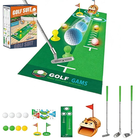 Putting Mat with Automatic Ball Return, Indoor & Outdoor Practice Set for Adults & Kids, Includes Putters, Mat, Balls, Animal Design Home Office Training Aid