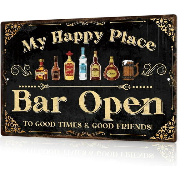 Putuo Decor Bar Sign For Home Bar, Drink Vintage Metal Tin Sign, My Happy Place Bar Open, Bar Wall Art Decor For Home Bar Pub Club Garage Man Cave 8 X 12 Inches