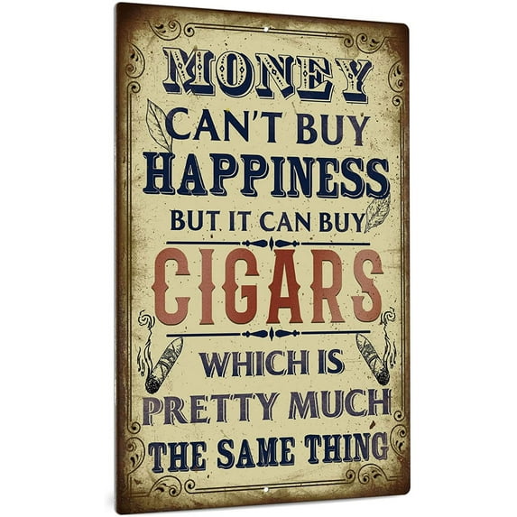 Putuo Decor Funny Tin Metal Sign, Man Cave Bar Decor Money Can't Buy Happiness But it Can Buy Cigars, 12 x 8 Inches