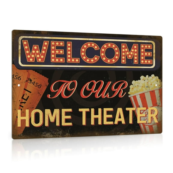 Putuo Decor Movie Theater Sign, Vintage Wall Decor for Bar, Cafes Pubs, Media Room, 12x8 Inches Aluminum Metal Sign (Welcome to Our Home Theater) C2