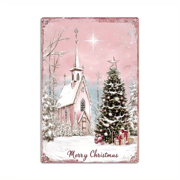 Putuo decoration 1 piece of retro metal tin plate, church Christmas tree Merry Christmas, home farmhouse church living room wall art decoration, Christmas gifts