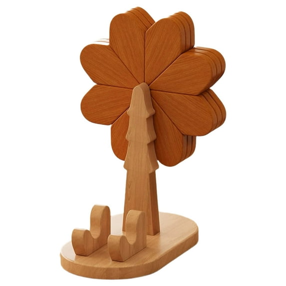 Puwuzcl Dark Wood Windmill Decorative Ornament, 3pcs Coasters for Dining Table Hot Dishes, Foldable Natural Wood Desktop Art with Phone Stand