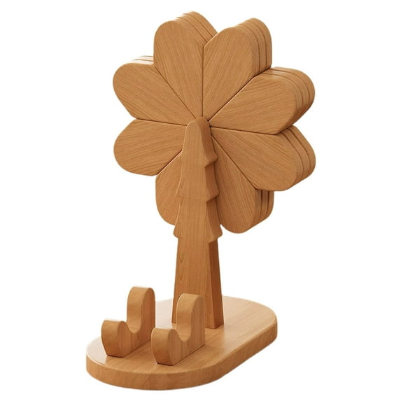 Puwuzcl Light Wood Windmill Decorative Ornament, 3pcs Coasters for Dining Table Hot Dishes, Foldable Natural Wood Desktop Art with Phone Stand