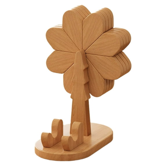 Puwuzcl Light Wood Windmill Decorative Ornament, 4pcs Coasters for Dining Table Hot Dishes, Foldable Natural Wood Desktop Art with Phone Stand