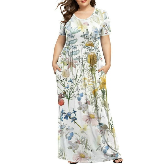 Puyaiuu 1 Pcs New Formal Dresses for Women Fashion Floral Round Neck Long Dress Lightweight with Pocket Short Sleeve Womens Summer Dresses