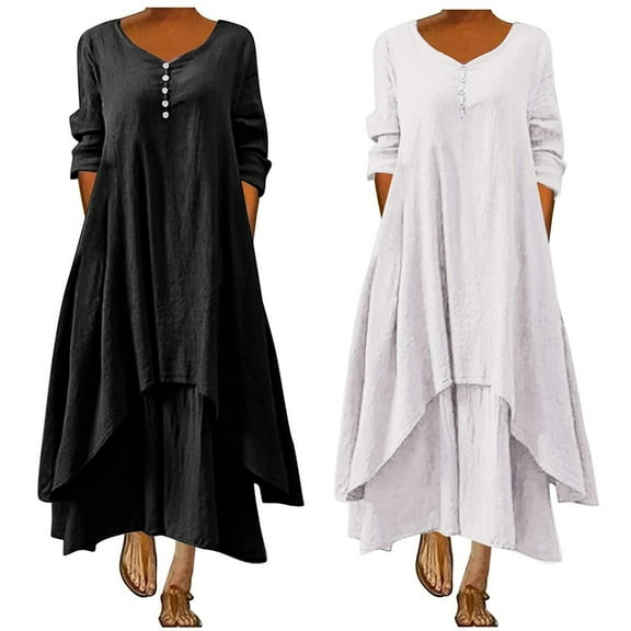 Puyaiuu 1 Pcs New Maxi Dresses for Women 2025 Ladies Plus Size Solid Color Sleeve Button Cotton and Linen Dress Women's Formal Dresses