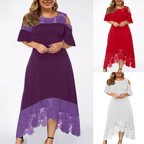 Puyaiuu 1 Pcs New Plus Size Dresses Women's Plus Size Short Sleeve Off-Shoulder Floral Lace Irregular Hemline Ruffle Midi Dress Party Dress Women's Casual Dresses