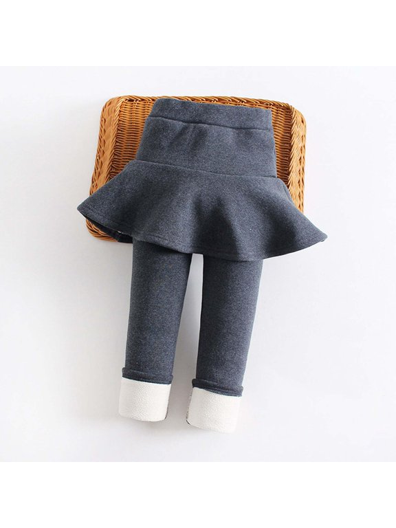 3-14 Years Old Girls Cotton Lined Solid Color Fake Two Piece Skirt Pants Winter Warm Fleece Lined Leggings Kids Elastic Waist Flounce Skirt Overlay Long Pants For Daily Wear Gift