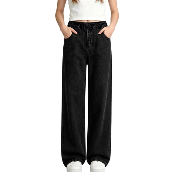 Puyaiuu Girls 2-14 Years Old Elastic High Waist Wide Leg Denim Jeans With Side Pockets Loose Straight Fit Vintage Washed Casual Long Trousers Gift
