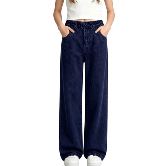 Puyaiuu Girls 2-14 Years Old Elastic High Waist Wide Leg Denim Jeans With Side Pockets Loose Straight Fit Vintage Washed Casual Long Trousers Gift