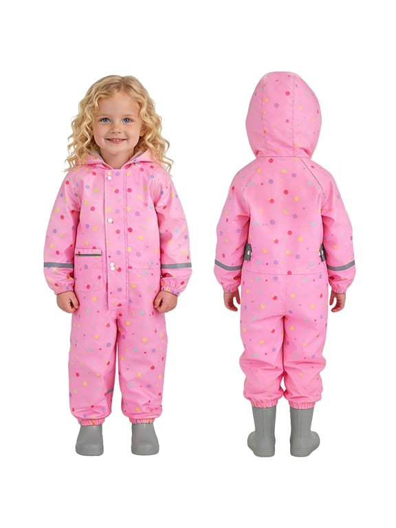Kids One Piece Rain Suit Waterproof Kids Relax Fit Rain Jumpsuit Hooded PU Fabric Polka Dot With Reflective Strip Outdoor Pink 1-2Years Gift